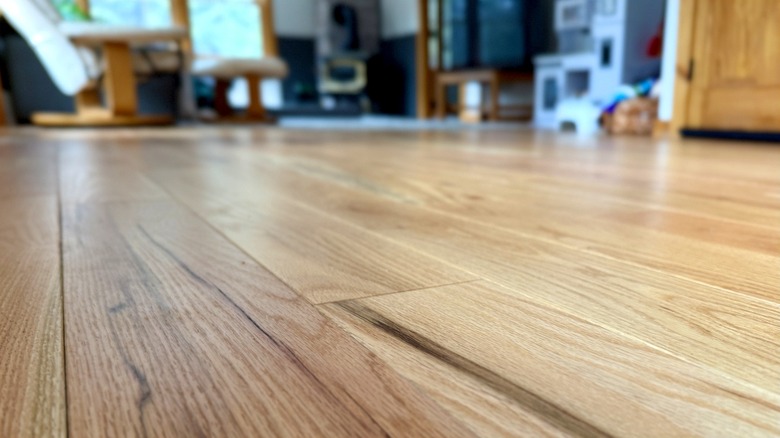 A close-up focused shot of a home's hardwood floor with blurred background