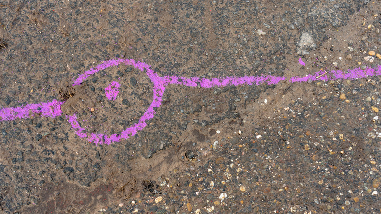 Purple marking drawn on asphault