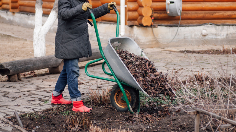 Person dumping mulch into a garden bed with a wheelbarrow
