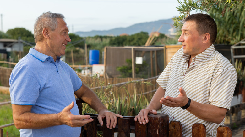 Two neighbors talking over a garden fence