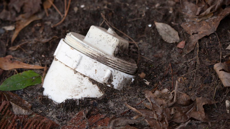 White sewage cleanout pipe in a yard