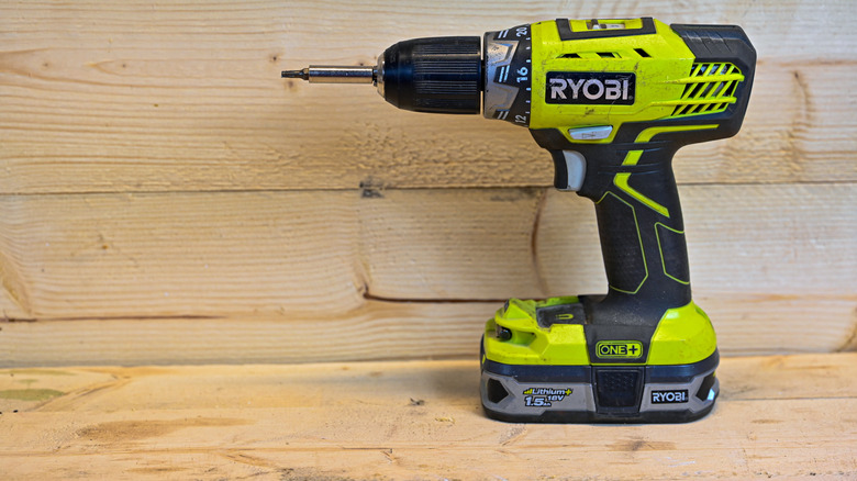 A Ryobi drill with attached battery