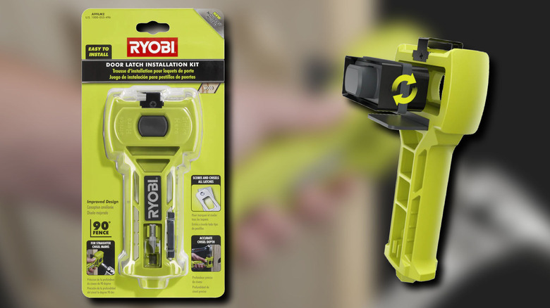 Two product shots of the Ryobi Latch Mortiser﻿, one in the package and one showing the interchangeable guide