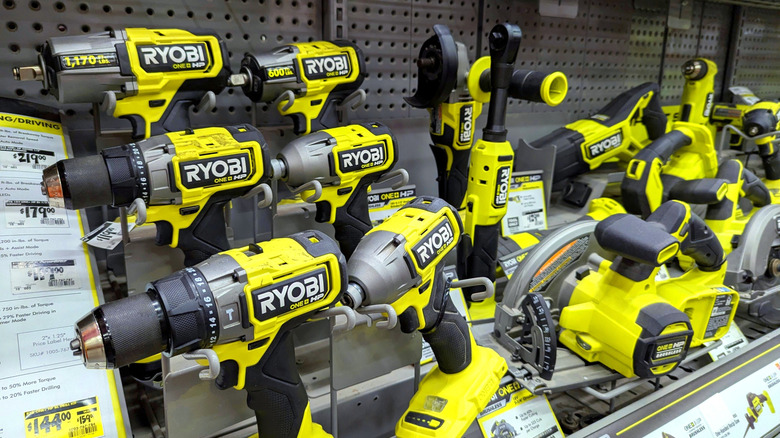 Ryobi tools on a retail store shelf