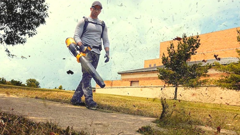 Man using a DeWalt backpack leaf blower