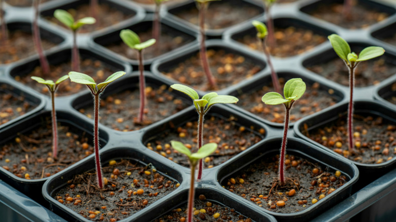 Rows of tiny green seedlings with delicate stems