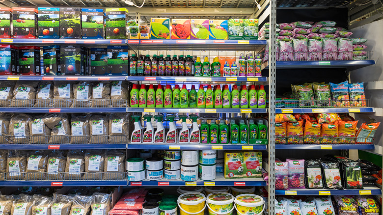 Store with rows of fertilizers and pesticides