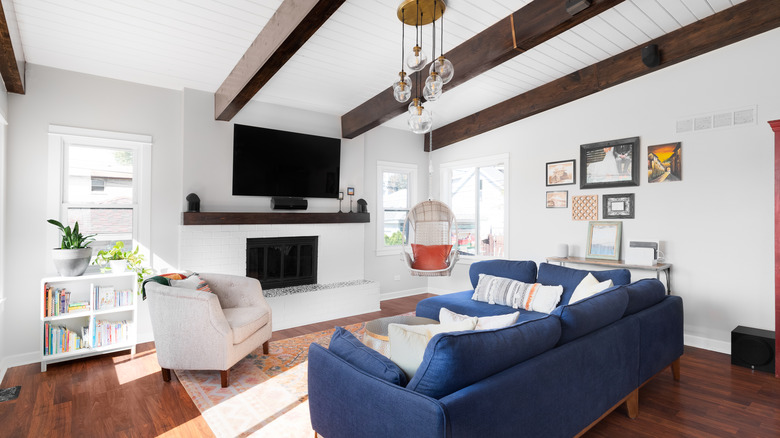 shiplap ceiling in room