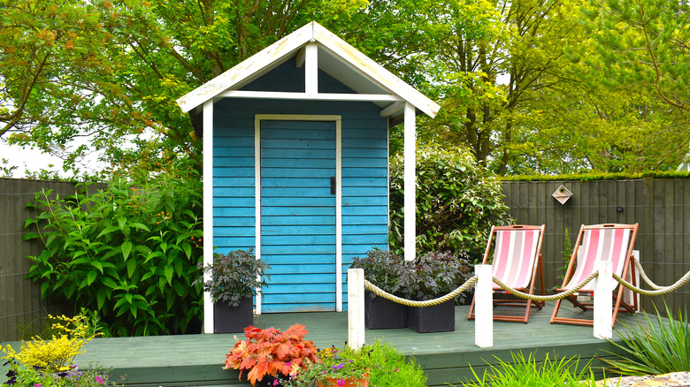 blue shed on patio