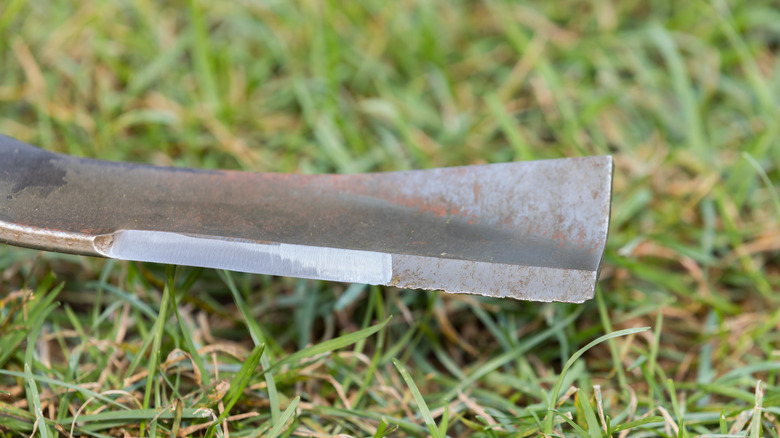 A close-up of a lawn mower blade, showing the curved sail that generates lift