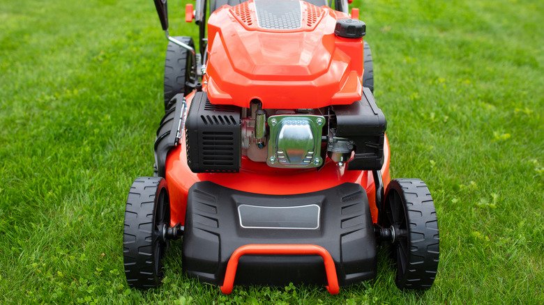 red self-propelled lawn mower