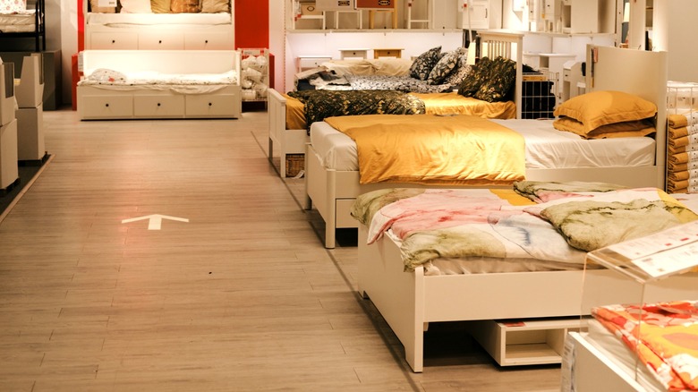 Assorted beds on IKEA showroom