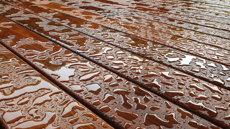 wood deck with water