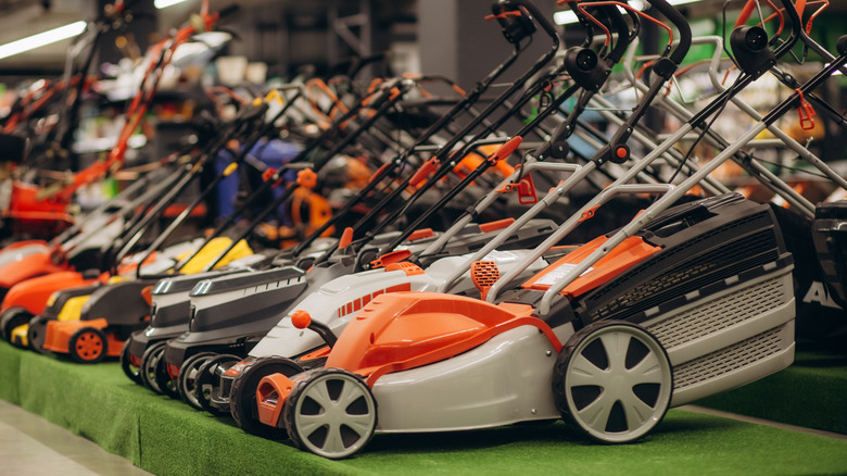 A selection of electric mowers at the store