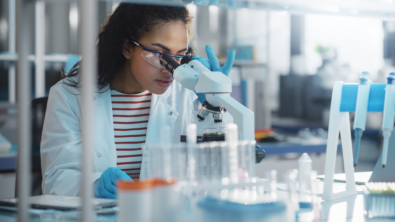 Lab technician examines microscope