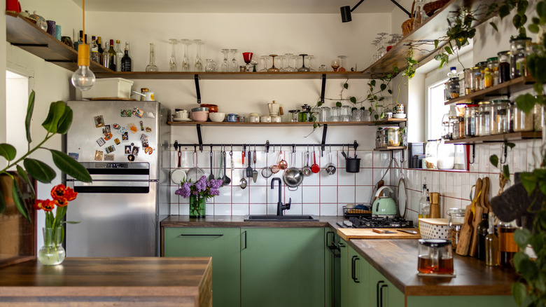 A vintage inspired kitchen with eclectic decor.