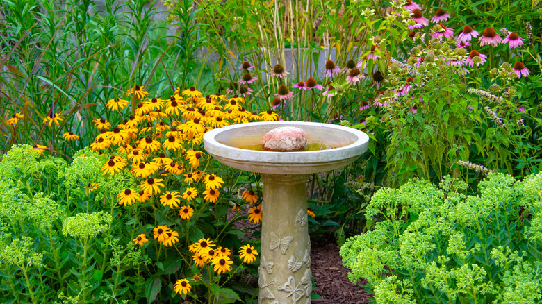 A pedestal bird bath with butterfly designs in the middle of a flower garden.