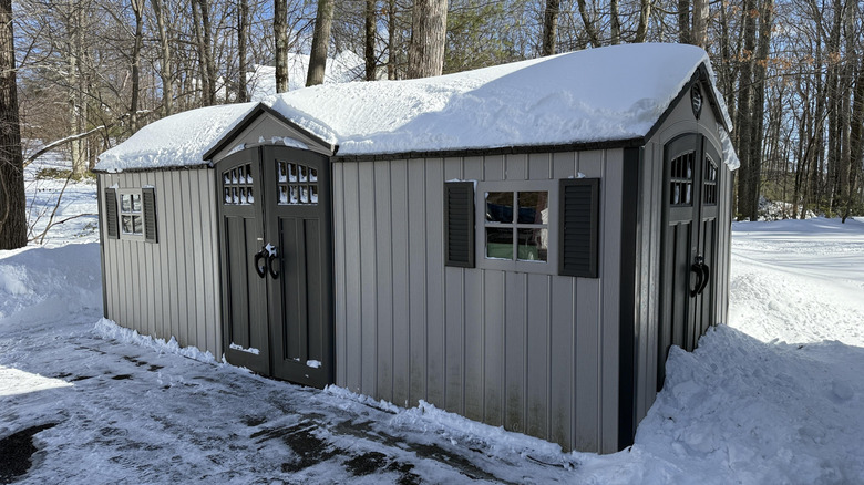A plastic storage shed covered with snow during the day