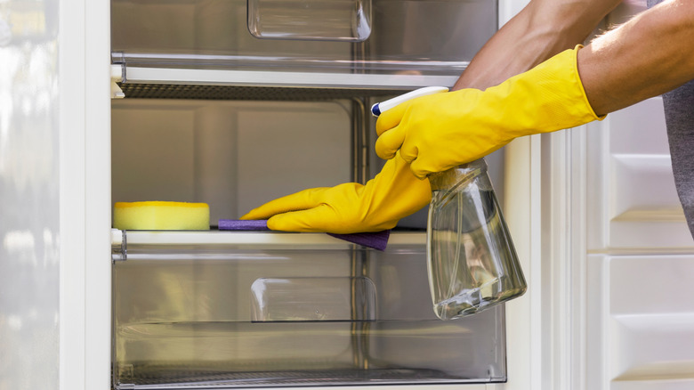 person deep cleaning fridge