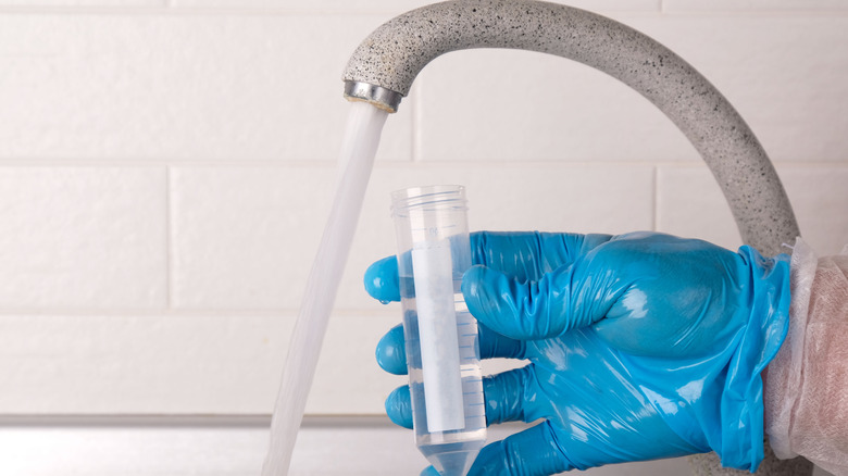 person with a blue glove collecting a water sample from a faucet in a small clear test tube