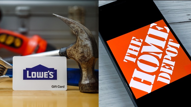 Lowes card with hammer, home depot on phone