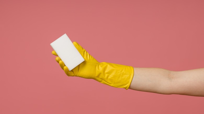 gloved hand holding magic eraser