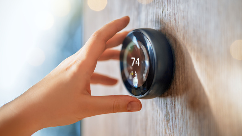 A close-up of a person's hand reaching to change their thermostat