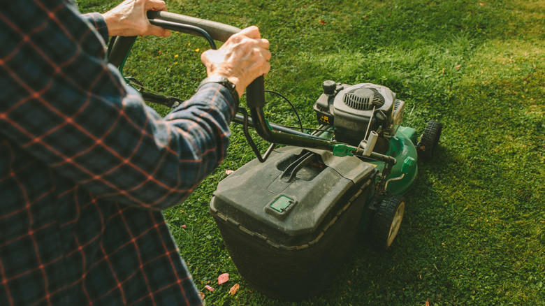 Person mowing a lawn