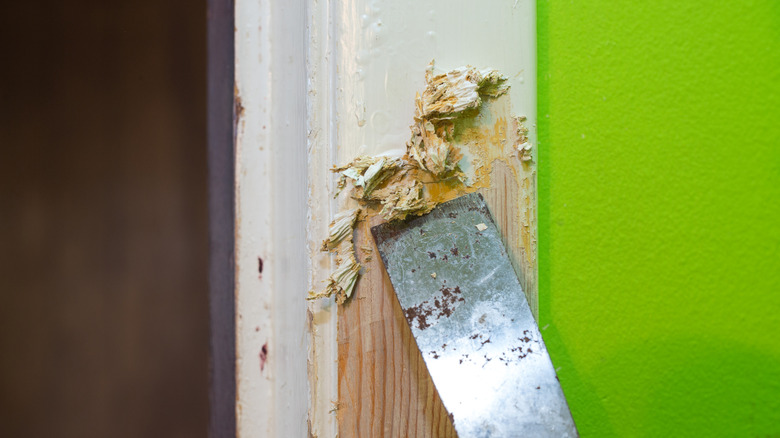 Scraping old paint off a window frame