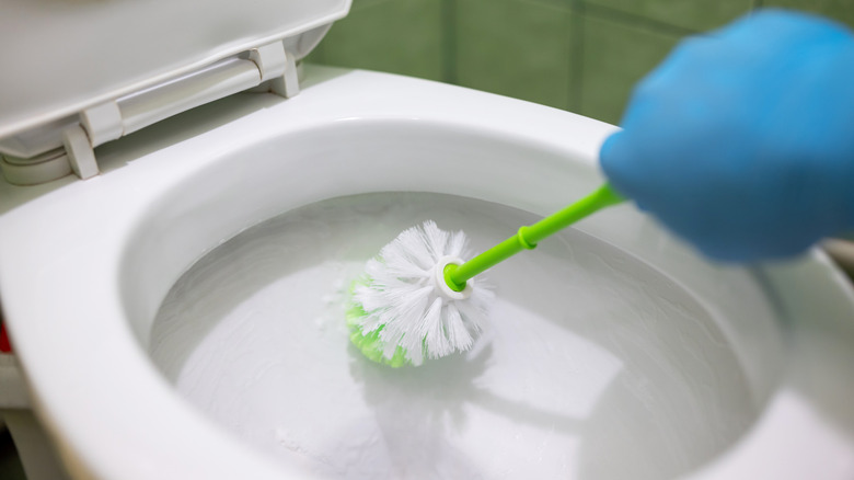 Person wearing a cleaning glove and scrubbing a toilet bowl