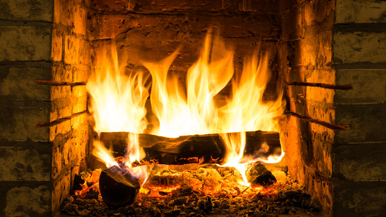 Fireplace with burning fire