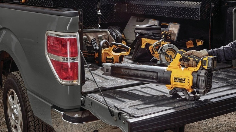 DeWalt leaf blower sitting in the back of a pickup