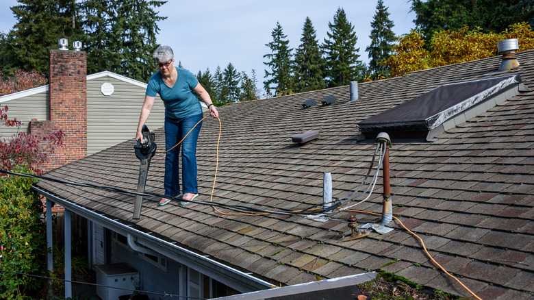 Person cleaning gutters