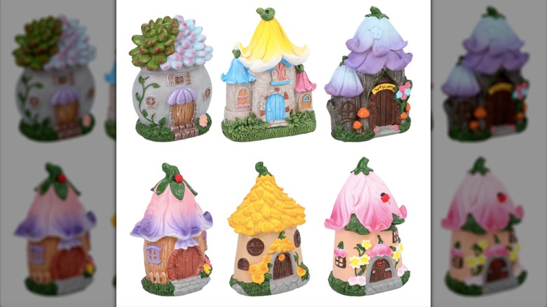 Small resin fairy houses made to look like plants and flowers