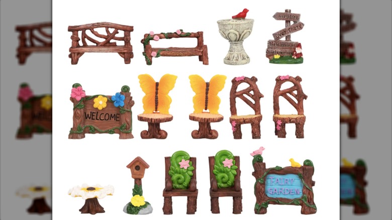 Mini resin accessories for a fairy garden with options including benches, signs, bird bath and more.