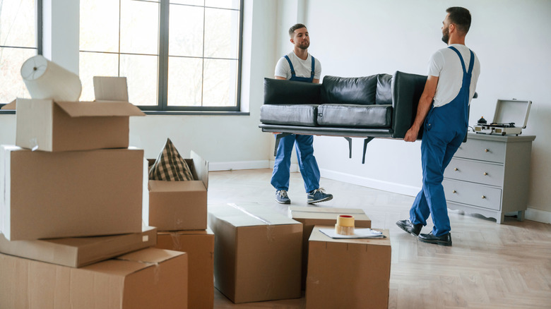 Holding heavy sofa. Two moving service employees in a room.