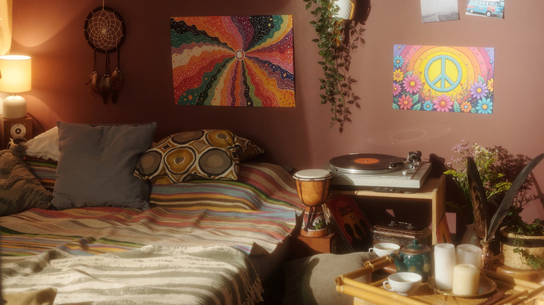1990s bedroom with funky art and terra cotta walls
