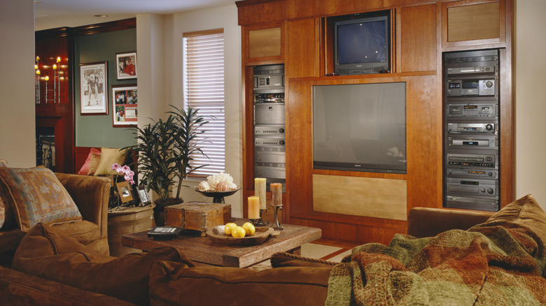 Couches and TV in nostalgic 1990s living room.