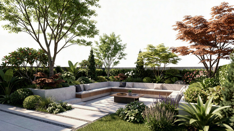 Outdoor conversation pit surrounded by trees and flowers
