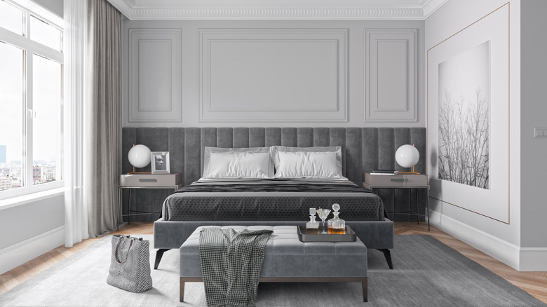 Gray bedroom with many shades