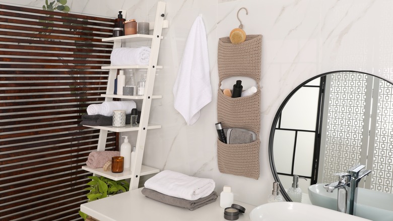 ladder shelf storage in bathroom