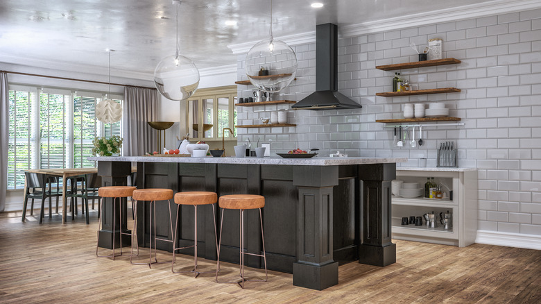 Kitchen with dark gray island
