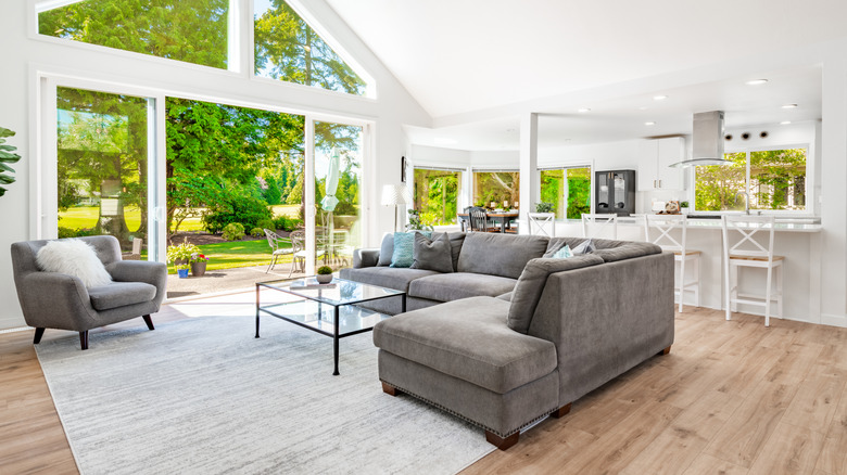 An open floor plan in a home with the kitchen and living room visible together