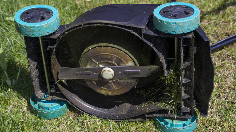 Underside of lawnmower, showing blade
