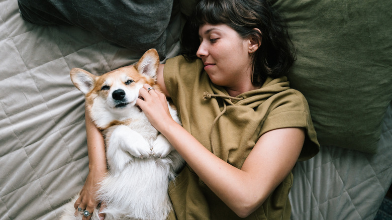 Woman lying in bed with corgi