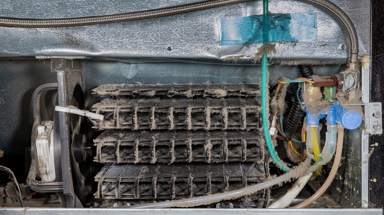 Dust covered coils at the back of a refrigerator