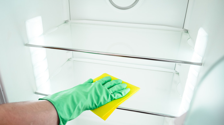 Gloved hand rubbing a rag on a fridge shelf