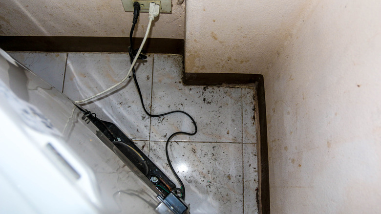 Dust and dirt underneath a pulled away fridge
