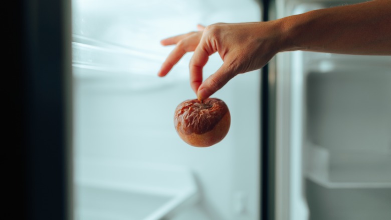 Hand taking out a rotten apple out of a fridge