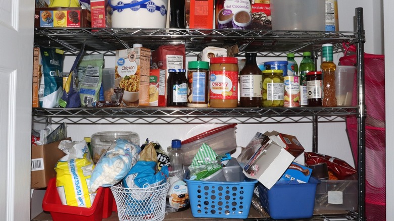 cluttered wire pantry shelves